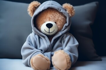Adorable teddy bear in casual attire, with a playful smile, on dark blue background