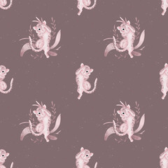 Seamless pattern with childish illustration of a pink leopard with branch leaves. Hand drawn watercolor illustration on isolated background. Baby animal for baby design in minimalist style.