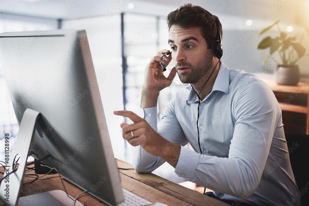 Poster call center, customer support and man on computer for talking, online help and consulting client. co