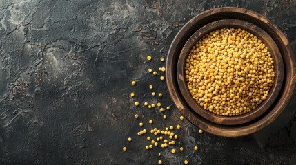 Yellow Mustard Seeds In A Wooden Bowl On A Dark Background