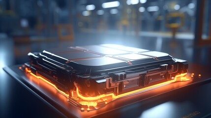 Lithium-ion High-voltage Battery Component for Electric Vehicle or Hybrid Car. Battery Module for Automotive Industry on Production Line. High Capacity Battery Production inside a Factory.