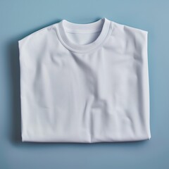 A neatly folded plain white T-shirt displayed against a soft blue background.