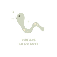 Cute postcard with kawaii animal snake,serpent,viper. You are so so cute congratulations card.Vector cartoon illustration.Birthday, party holiday card.White background.