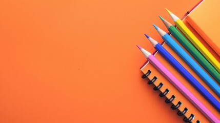 Fototapeta premium Bright pastel pencils and notebook on orange background from above with space for text