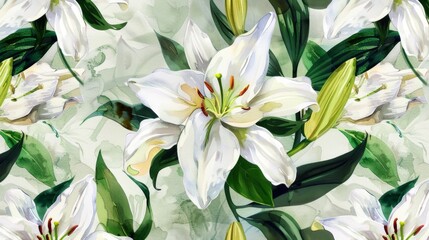 Obraz premium Elegant White Lily Flower Pattern - Botanical Wallpaper Design
