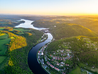 The Orlik Reservoir on Vltava River is largest hydroelectric water reservoir in Czechia. Aerial...