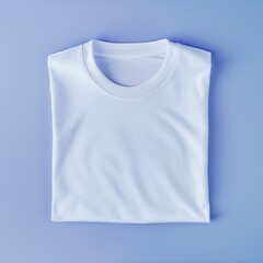 A neatly folded white T-shirt on a smooth pastel blue surface, showcasing its simple design and soft texture.
