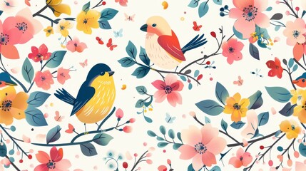 Charming Floral and Bird Pattern Wallpaper Design