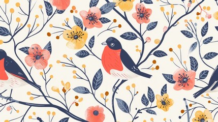 Charming Floral and Bird Pattern Wallpaper Design