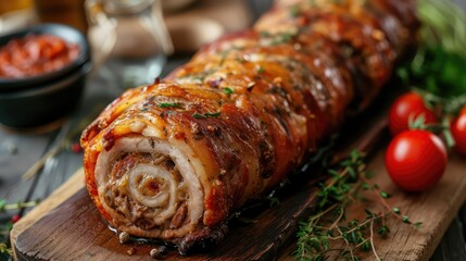 Rolls of baked meat. Culinary. AI generative.