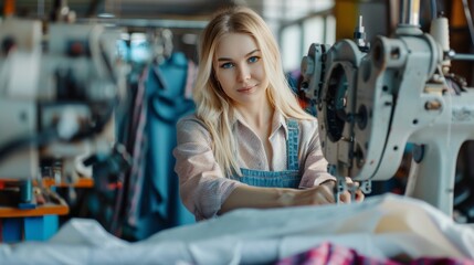 Blonde Seamstress Working in Textile Factory