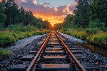 Obraz premium Beautiful Summer Landscape with Train Tracks and River in Forest, Blue Sky, Golden Hour 