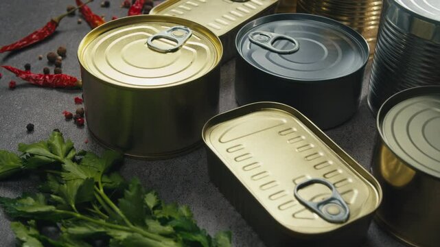  Metal Cans with Canned Food or Pate on table close-up. Golden and silver cans with pull rings. Canned tourist food and fish or wet pet food, pate