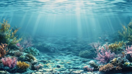 Obraz premium Underwater scene of a vibrant coral reef lit by sunbeams, great for aquatic-themed designs