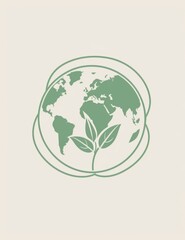 Minimalist vector icon of Earth with green leaves on light green organic outline, symbolizing environmental care on white background