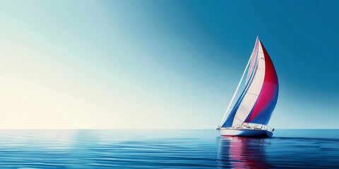 Sailboat with red, white, and blue sails glides through calm ocean