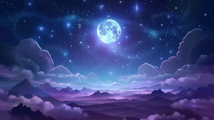 Mystical Night Sky with Full Moon and Mountains