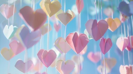 A bunch of paper hearts hanging from strings, symbolizing love and affection