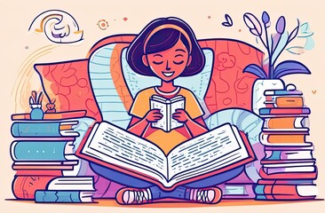 young girl reading a book lying on her bad