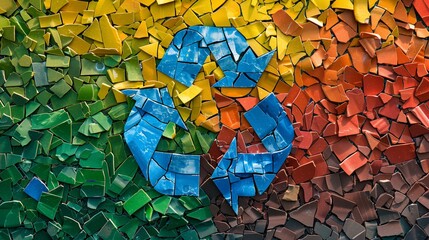 Mosaic Recycling Symbol of Colored Glass Shards on Bright Background