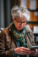 A woman examining her smartphone
