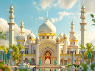 A grand golden palace with many spires and towers, perfect for use in fantasy or historical settings