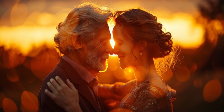 Elderly couple dancing at sunset for National Dance Day, August 26th, joyful expressions, romantic setting, live music - Powered by Adobe