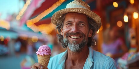 Family enjoying ice cream at carnival for National Ice Cream Day, July 15th, smiling faces, sweet treats, festive environment