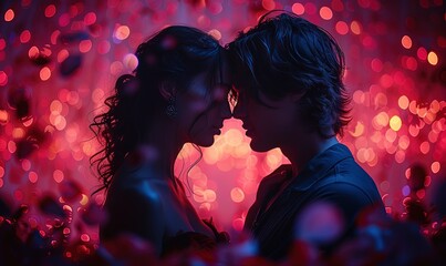 True love, silhouette of a couple among petals, magic lights and hearts, the concept of true love