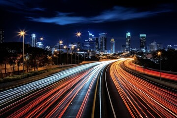 Fototapeta premium Urban traffic chaos rush hour commute with blurred car lights in city highway at night