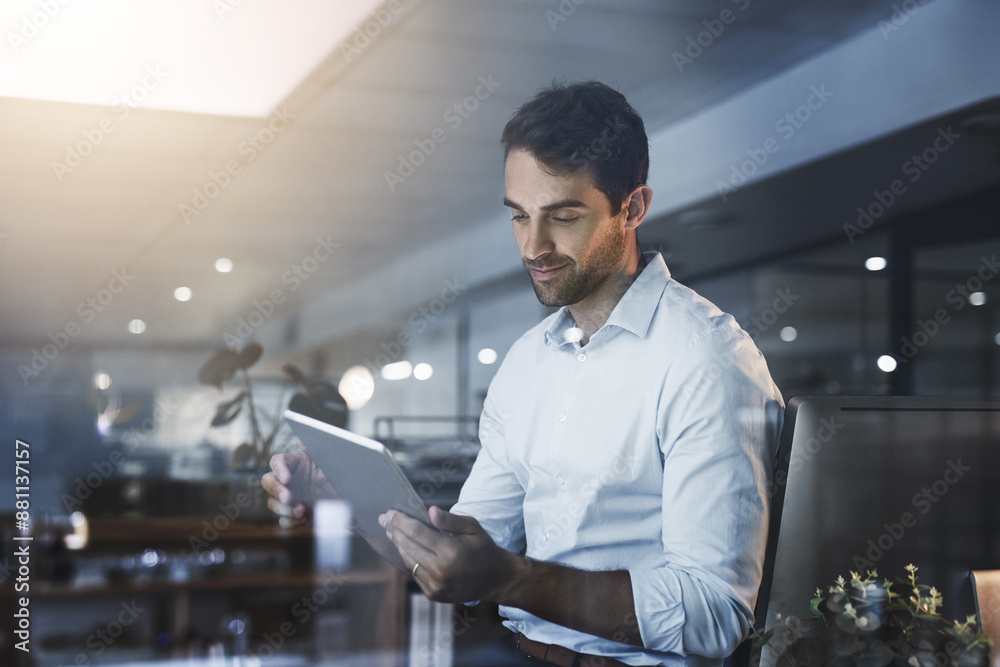 Aufkleber Businessman, tablet and planning with office, research and overtime work and data analysis. Programmer, technology and database for idea, cloud computing and b2b networking for online communication