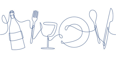 One line art seamless pattern of knife, fork, bottle, plate and wineglass isolated on white background for restaurant logo or business card