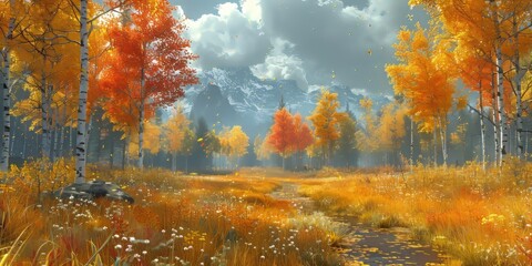 Fototapeta premium Autumn landscape with golden trees for National Gold Leaf Day, October 17th, vibrant foliage, scenic view, natural beauty