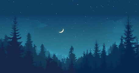 Naklejka premium A beautiful night sky over a dark forest landscape with bright stars and a crescent moon.