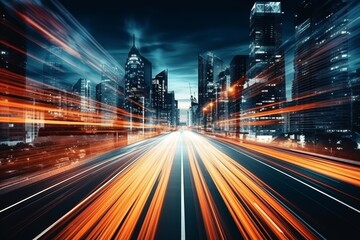 Obraz premium Urban city highway traffic in rush hour with motion blur and long exposure effects during busy night