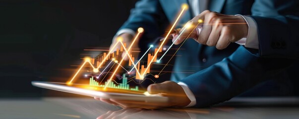 Fototapeta premium Businessman with tablet is analyzing sales and growth with graph., marketing concept panorama. Generative AI.