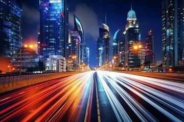 Urban city highway rush hour traffic in motion blur, abstract long exposure night photography