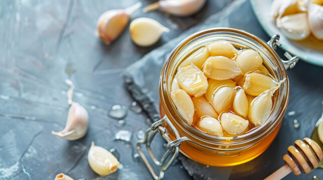 Top View Composition: The scene is captured from directly above, providing a detailed view of the ingredients. This angle emphasizes the arrangement of sliced garlic cloves and the opened honey jar.


