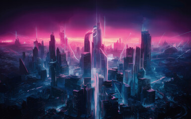 Obraz premium Neon Cityscape Under a Pink and Blue Sky
