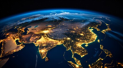 Night lights  satellite view of earth showing city lights, asia map highlighting china and india