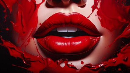Red paint pours around red female lips. AI Generated.