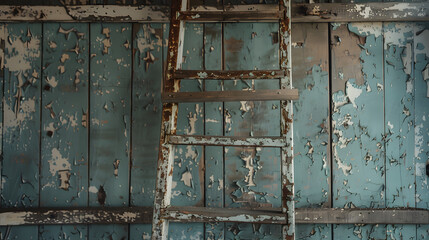 A ladder leaning against a wall with peeling paint