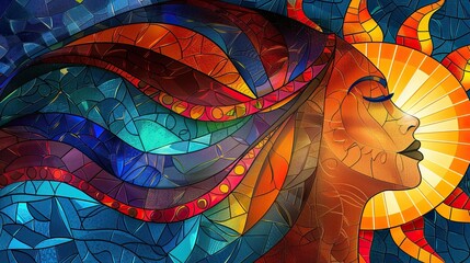 A woman with long hair is shown with a sun in the background