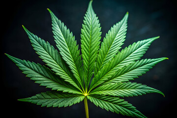 A leafy green marijuana plant with a long stem. The leaf is very large and has a dark green color