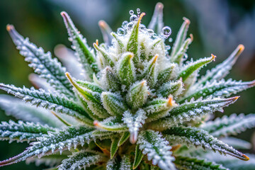 A close up of a plant with frost on it. The frost gives the plant a cold and wintry appearance