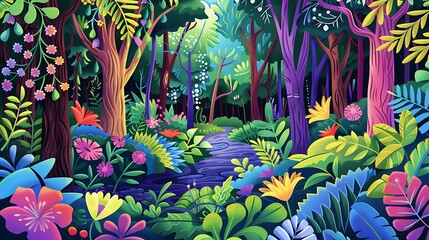 Colorful and Whimsical Digital Illustration of a Lush Tropical Rainforest with a Stream