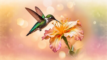 Fototapeta premium Close-Up Macro Shot of a Hummingbird in Mid-Flight, Sipping Nectar from a Vibrant Flower . Nature Photography Background Wallpaper. 