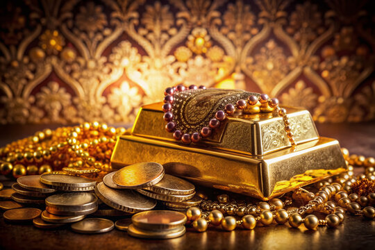 A glittering gold bar lies on a velvet pedestal, surrounded by golden coins and ornate jewelry, set against a dark, luxurious, and intricately patterned background.