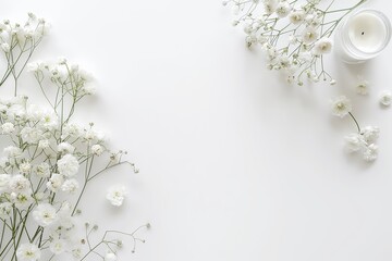 Delicate baby's breath flowers next to a candle on a white background, embodying simplicity and elegance in a peaceful setting.