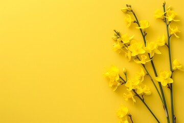 Sprigs of bright yellow flowers set against a yellow background demonstrating harmony and simplicity in design.